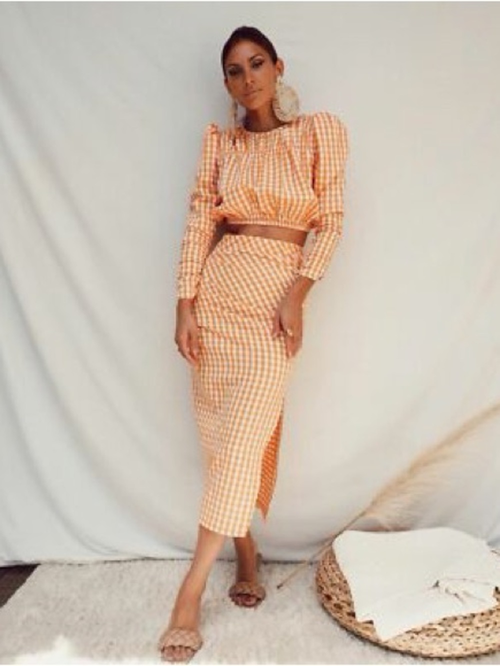 Women’s Zara Gingham Check Long Sleeve Crop Top Matching Skirt Size XL